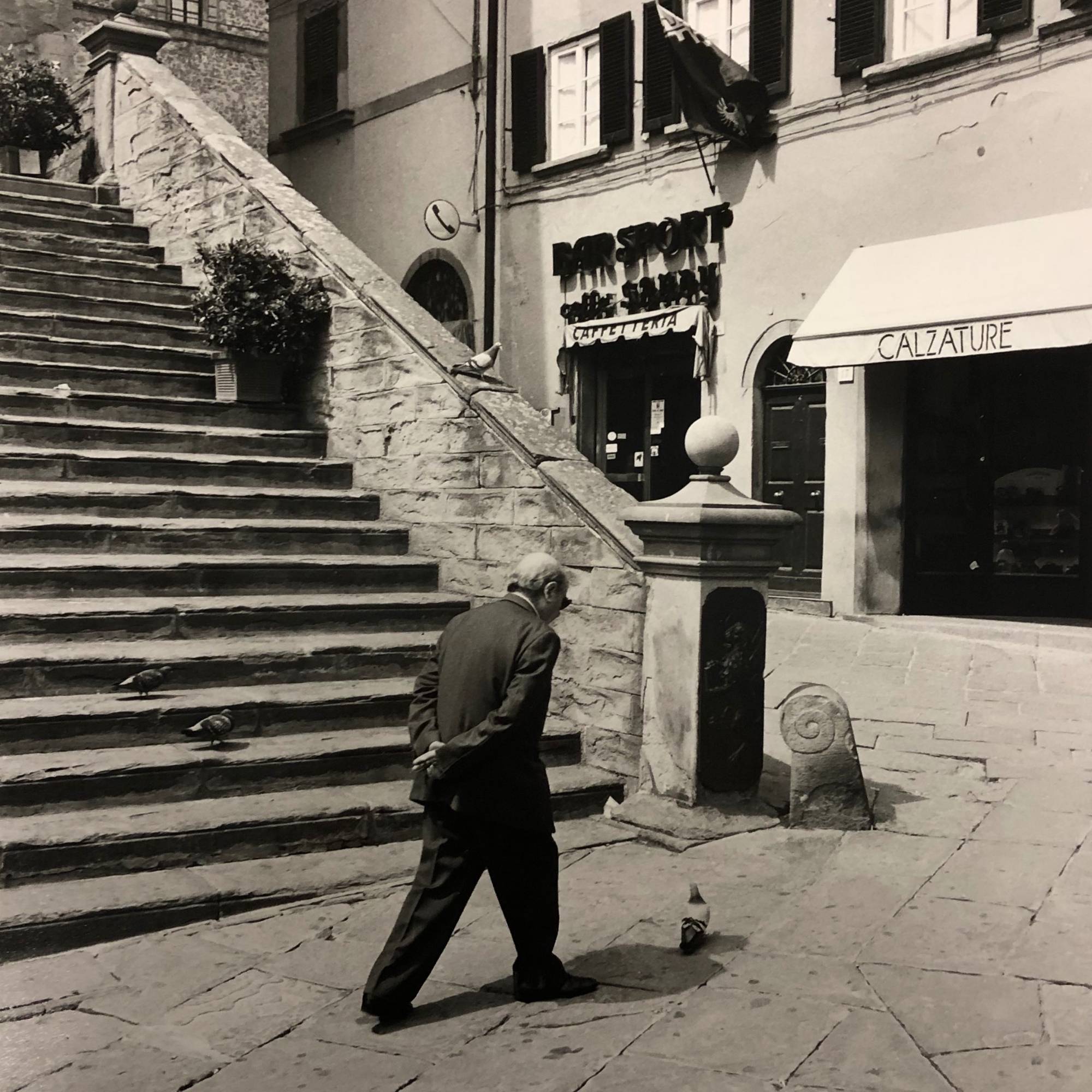 man walking on cobblestone street next to stone stairway with pigeon on ground next to him